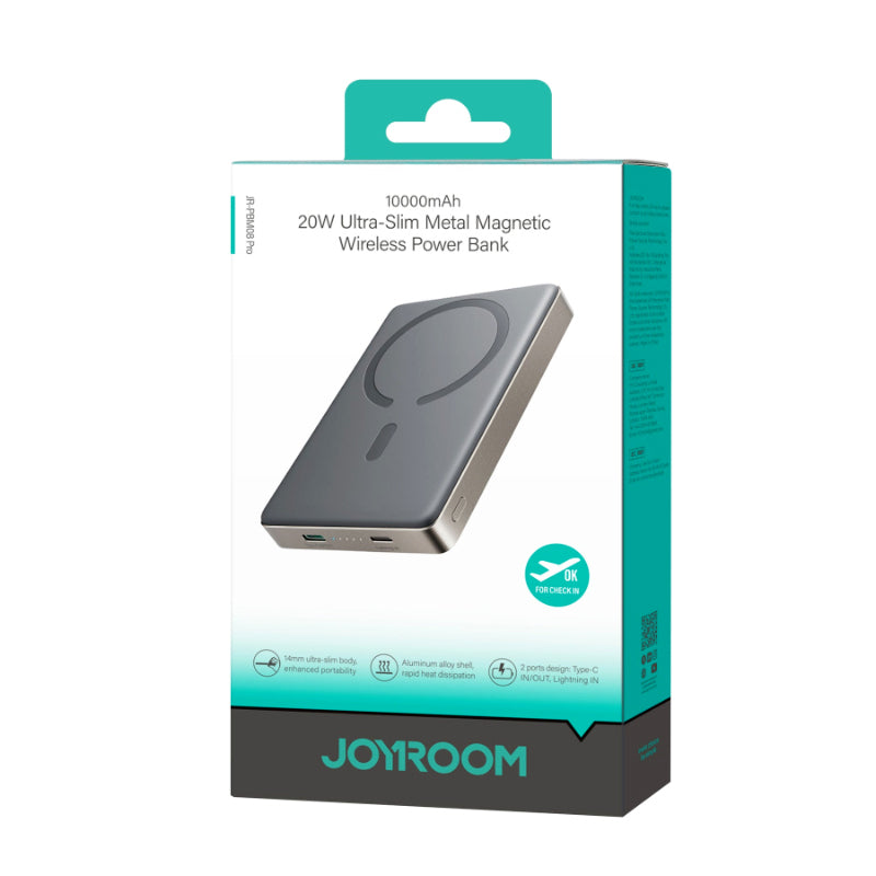 Joyroom JR-PBM08 Pro 10000mAh Magnetic Wireless Power Bank with 20W Fast Charging, Ultra-Slim Metal Design, USB-C and Lightning Input