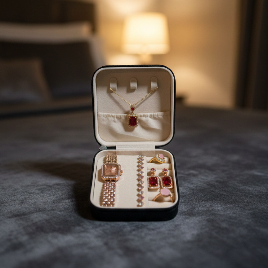 Elegant 6-Piece Rose Gold & Ruby Red Jewelry Gift Set – Includes Crystal-Encrusted Watch, Pendant Necklace, Matching Earrings, Tennis Bracelet, And Dual Statement Rings With Luxury Travel Case