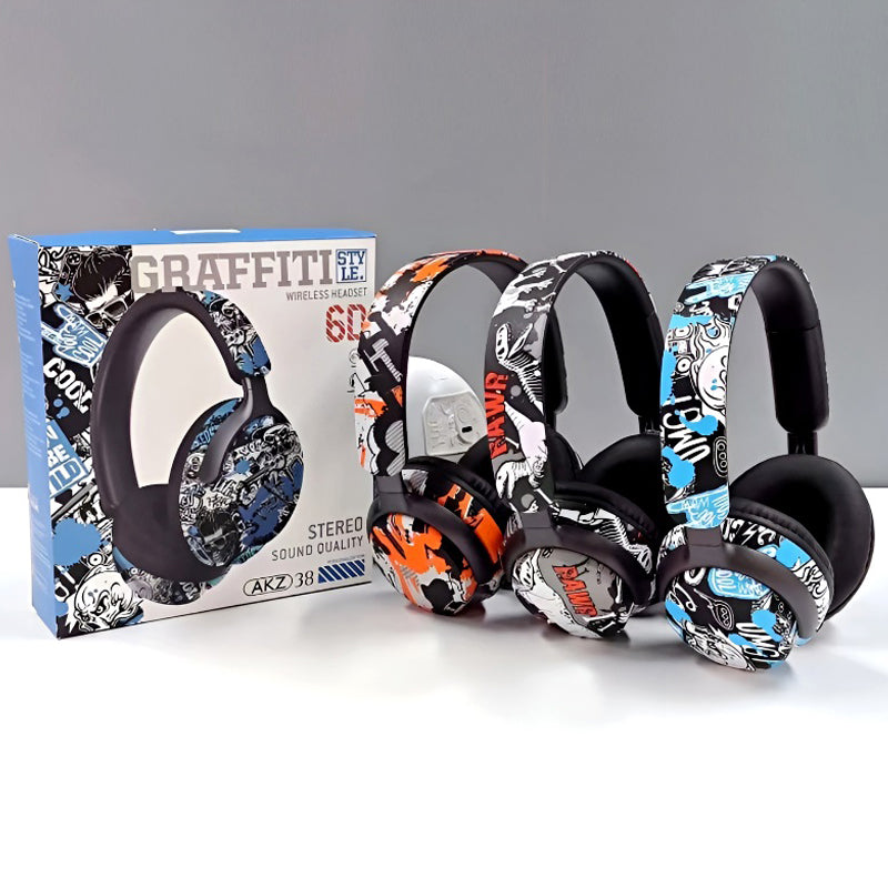 AKZ-38 Graffiti Style Wireless Bluetooth Headphones with 6D Stereo Sound & Built-in Mic