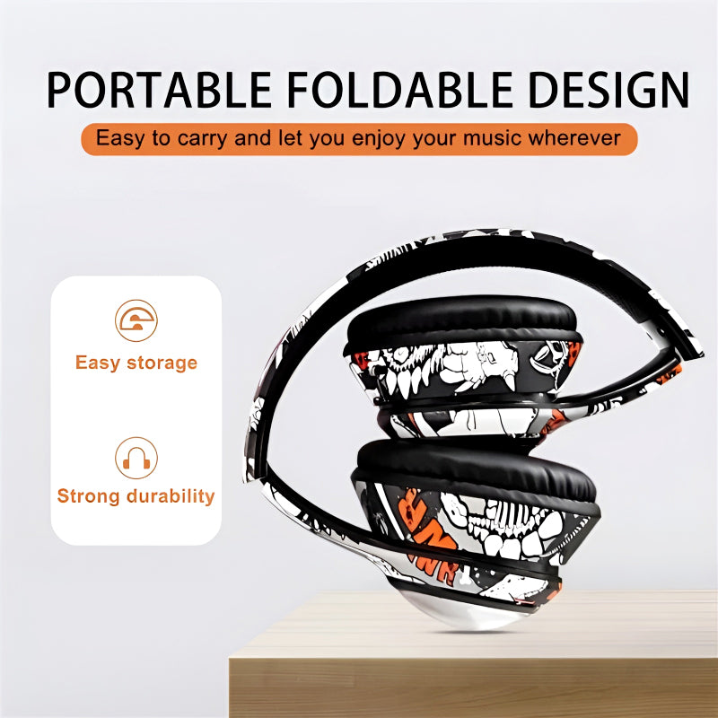 AKZ-36 Creative Graffiti Wireless Bluetooth 5.3 Headphones – Foldable Headset with Hi-Fi Sound, FM Radio, Microphone, and TF Card Support