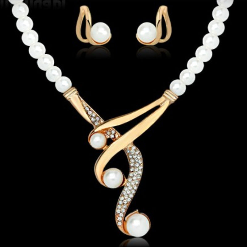 Elegant Hook Shape Faux Pearl & Rhinestone Wedding Jewelry Set