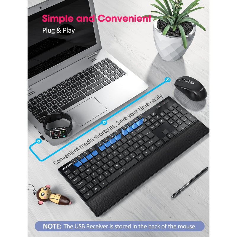 PC132a Wireless Keyboard And Mouse Combo 104-Keys Keyboard With Chiclet Keys Palm Rest And Mouse For PC Laptop