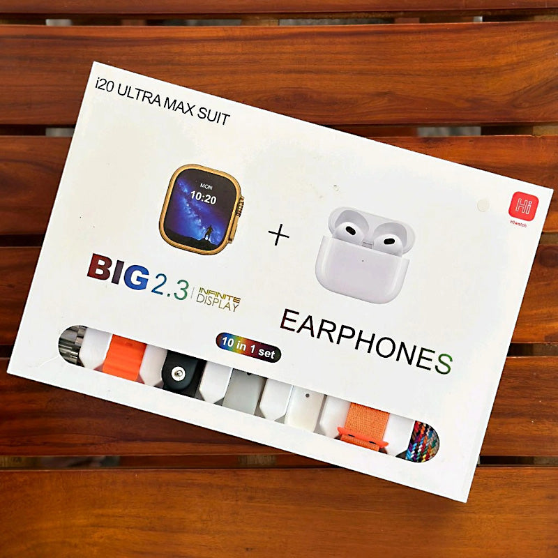 i20 Ultra Max Suit 10-in-1 Smartwatch Bundle – 2.3” HD Display, Bluetooth Calling, 7 Straps & Wireless Earbuds