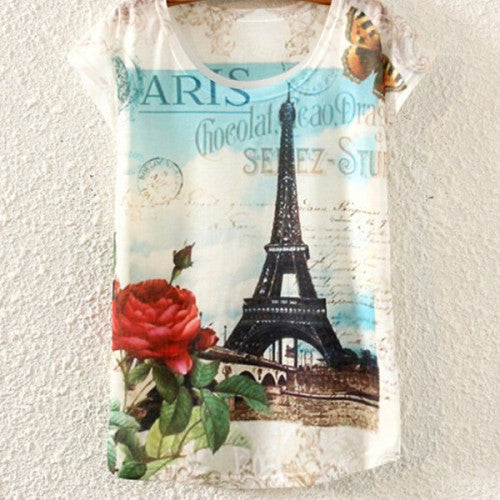 Vintage Paris Eiffel Tower & Rose Graphic T-Shirt