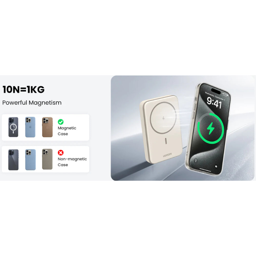 UGREEN PB561 10,000mAh Magnetic Wireless Power Bank with 20W PD + 15W Qi Fast Charging, Slim Design, LED Display, Trickle Mode & Airline-Safe