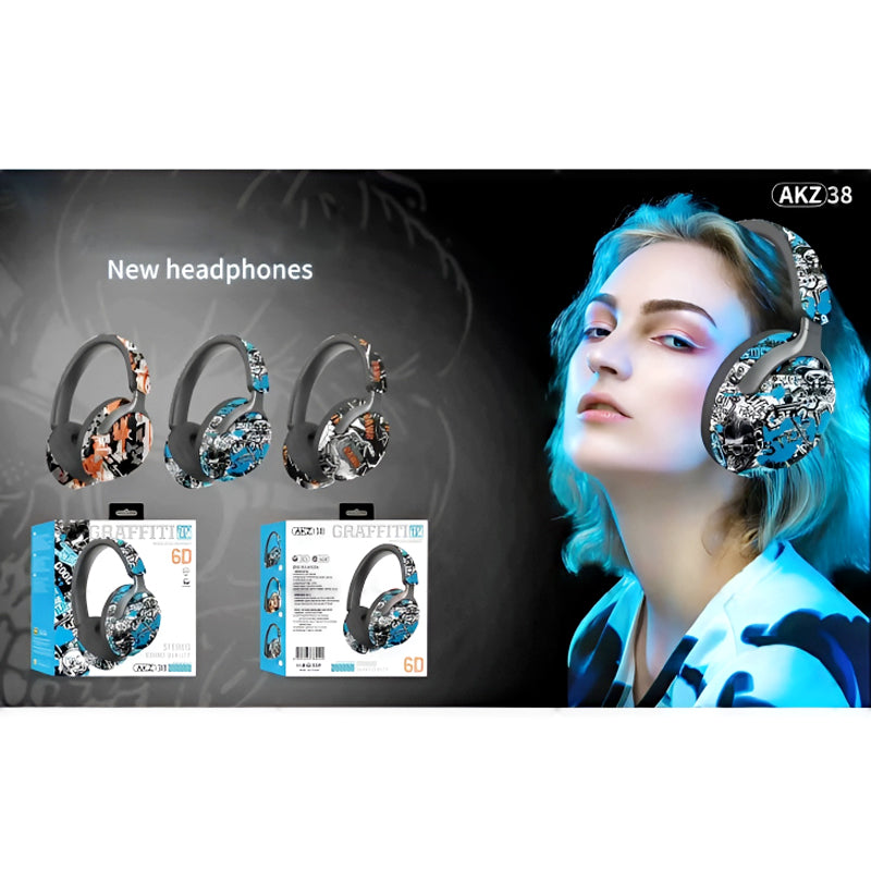 AKZ-38 Graffiti Style Wireless Bluetooth Headphones with 6D Stereo Sound & Built-in Mic