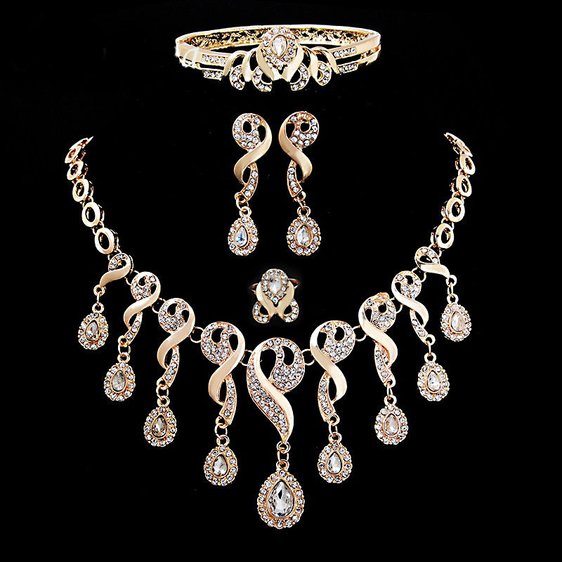 Elegant African Bridal Jewelry Set – Gold-Plated CZ Crystal Necklace, Earrings, Bracelet & Ring