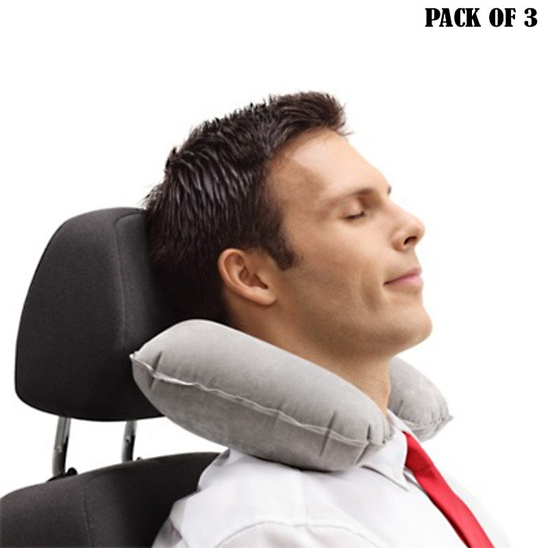 Pack of 3 Inflatable U-Shape Travel Neck Pillows- Soft Flocked Portable Cushions for Airplane, Car, Office & Camping