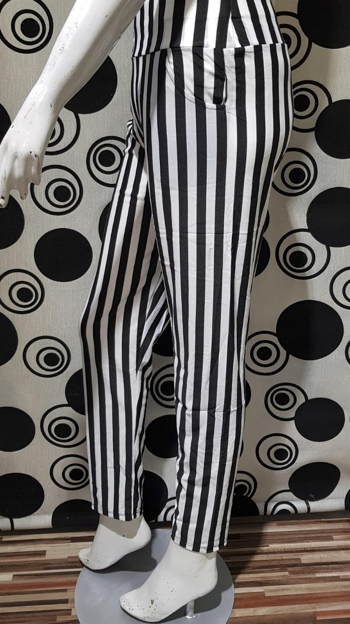 Women Black & White Thick Vertical Striped Trousers