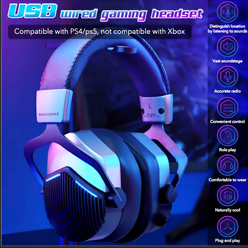 GH601 Machenike 7.1 Surround Sound RGB Gaming Wired USB Headset with Noise-Canceling Microphone, 50mm Drivers, Mute Option, and Software Support
