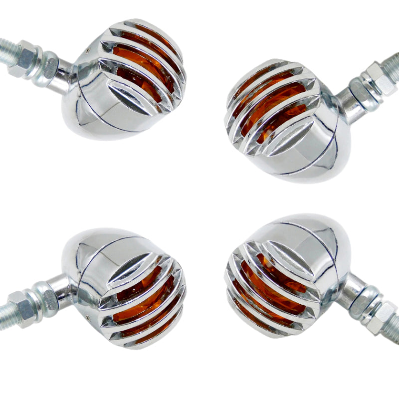 4 Pcs 12V Universal Motorcycle Grill Turn Signal Lights – Amber LED & Chrome Body Indicators