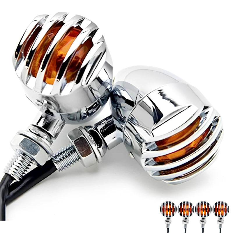 4 Pcs 12V Universal Motorcycle Grill Turn Signal Lights – Amber LED & Chrome Body Indicators