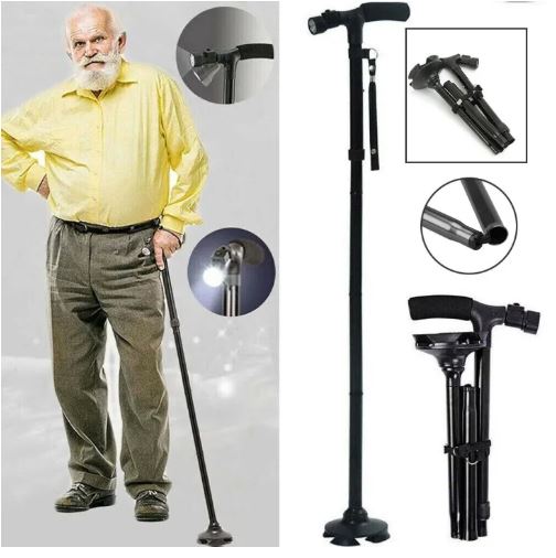 Black Folding Walking Stick with Led Light Portable Aluminium Handle Dependable Professional Walking Stick For Old Gentleman, Old People, Walking Stick For Old Women, Stick For Old Man Walking, Adjustable Walking Cane Base For Hiking Camping