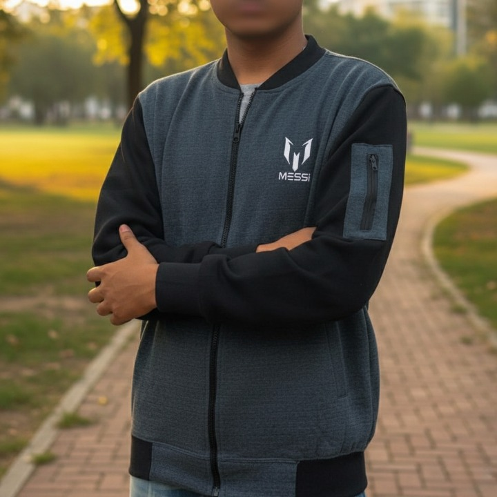 New Winter Collection Charcoal Grey Messi Printed Zipper Jacket For Men & Boys – Premium French Fleece, Smart Fit, Stylish & Comfortable Winter Wear