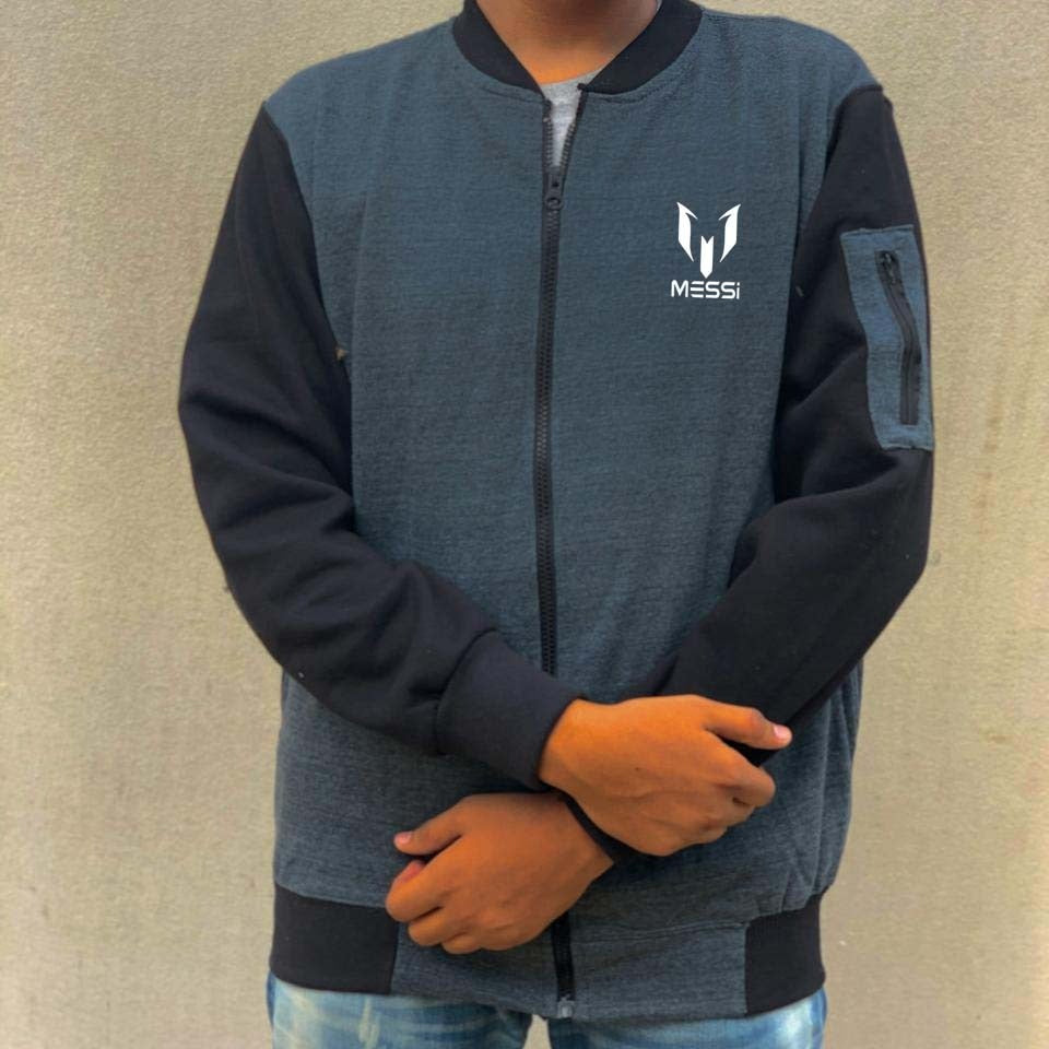 New Winter Collection Charcoal Grey Messi Printed Zipper Jacket For Men & Boys – Premium French Fleece, Smart Fit, Stylish & Comfortable Winter Wear