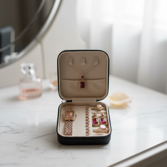 Elegant 6-Piece Rose Gold & Ruby Red Jewelry Gift Set – Includes Crystal-Encrusted Watch, Pendant Necklace, Matching Earrings, Tennis Bracelet, And Dual Statement Rings With Luxury Travel Case