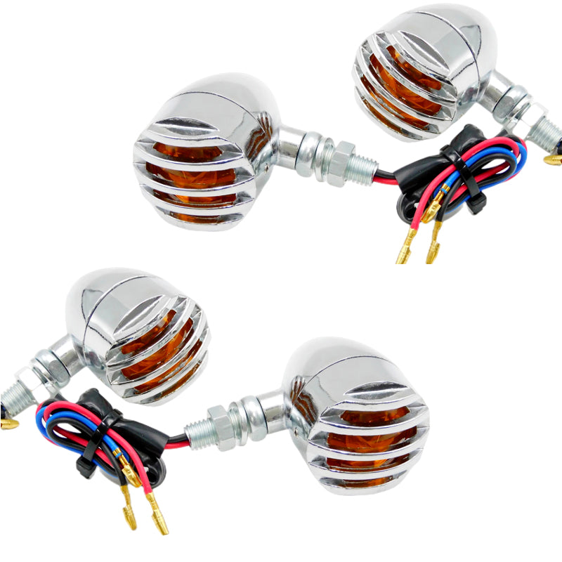 4 Pcs 12V Universal Motorcycle Grill Turn Signal Lights – Amber LED & Chrome Body Indicators