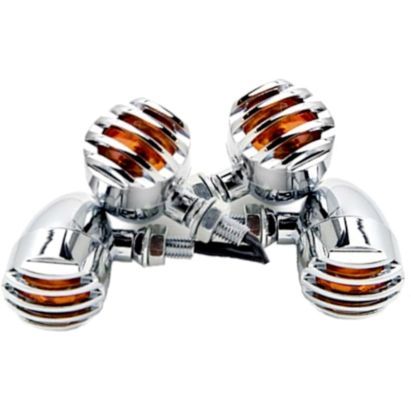 4 Pcs 12V Universal Motorcycle Grill Turn Signal Lights – Amber LED & Chrome Body Indicators