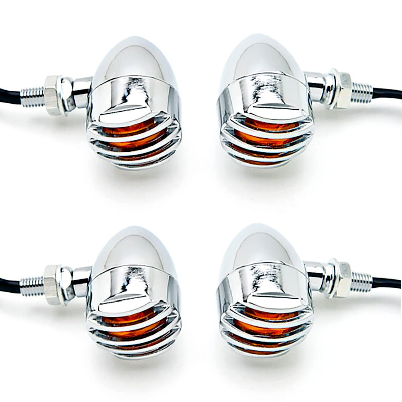4 Pcs 12V Universal Motorcycle Grill Turn Signal Lights – Amber LED & Chrome Body Indicators