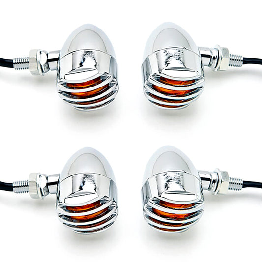 4 Pcs 12V Universal Motorcycle Grill Turn Signal Lights – Amber LED & Chrome Body Indicators