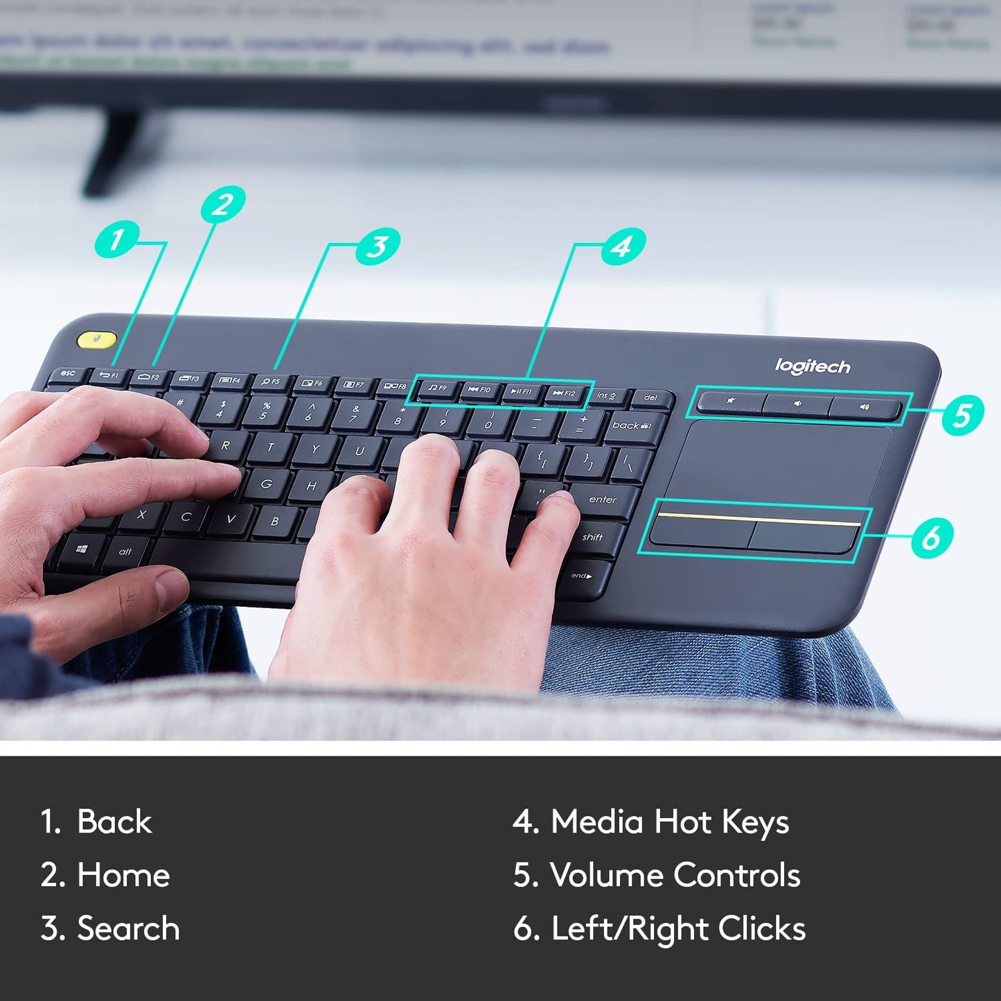Logitech K400 Plus Wireless Touch TV Keyboard With Easy Media Control And Built-In Touchpad Keyboard