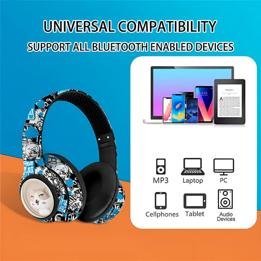 AKZ-36 Creative Graffiti Wireless Bluetooth 5.3 Headphones – Foldable Headset with Hi-Fi Sound, FM Radio, Microphone, and TF Card Support