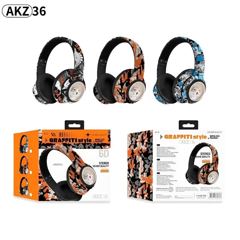 AKZ-36 Creative Graffiti Wireless Bluetooth 5.3 Headphones – Foldable Headset with Hi-Fi Sound, FM Radio, Microphone, and TF Card Support