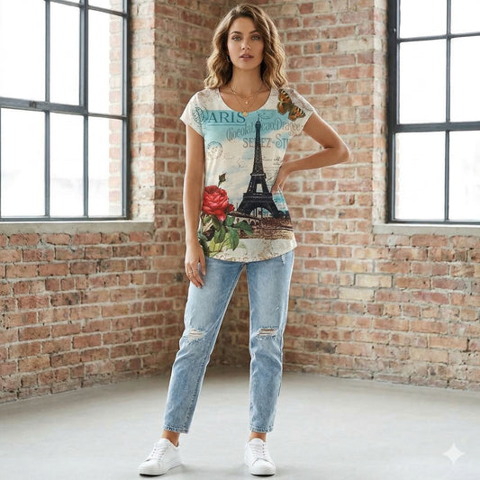 Vintage Paris Eiffel Tower & Rose Graphic T-Shirt