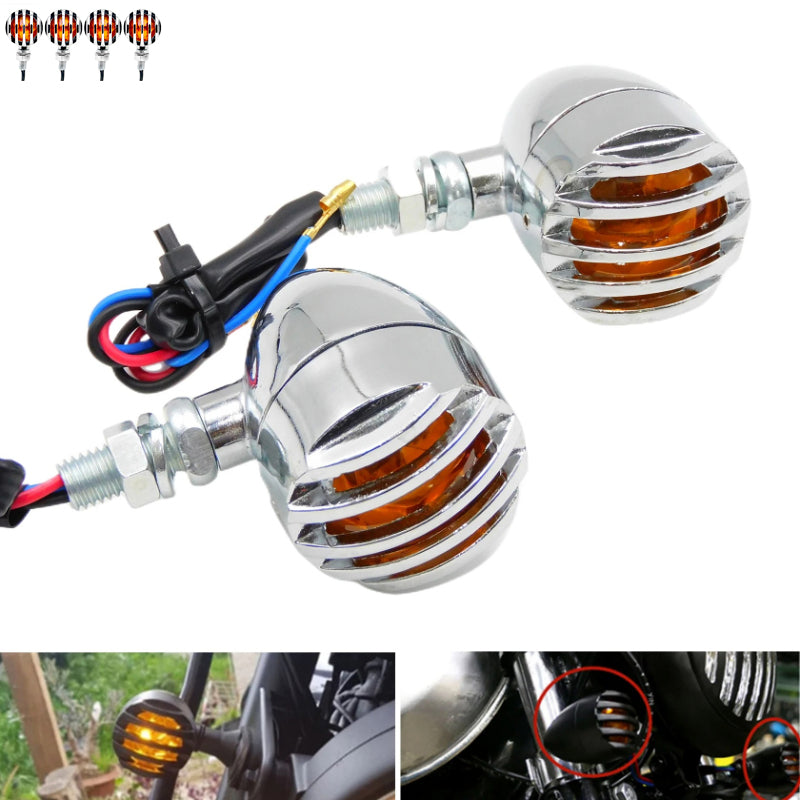 4 Pcs 12V Universal Motorcycle Grill Turn Signal Lights – Amber LED & Chrome Body Indicators
