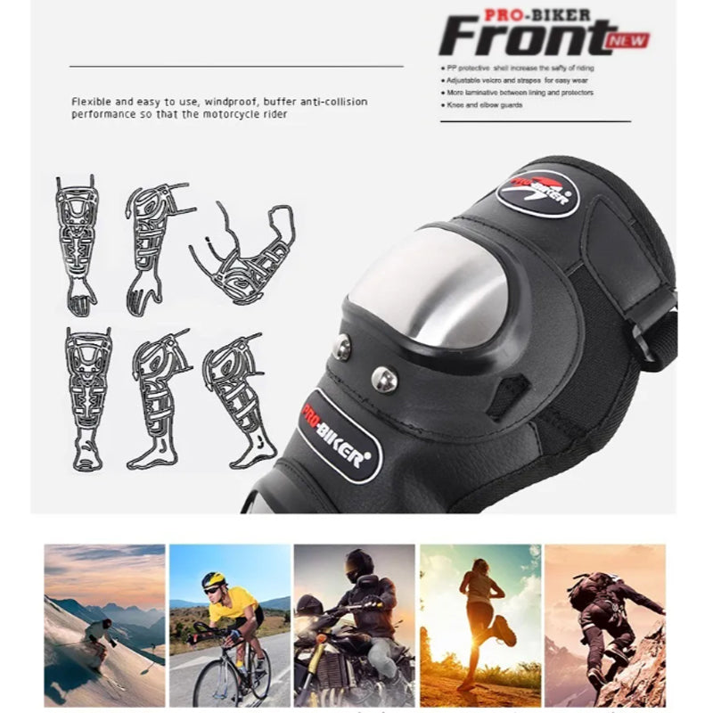 Pro Biker Motorcycle Knee & Elbow Guards – Adjustable Stainless Steel Protective Armor for Riding & Racing
