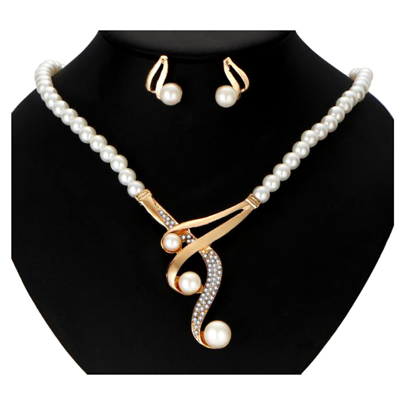 Elegant Hook Shape Faux Pearl & Rhinestone Wedding Jewelry Set