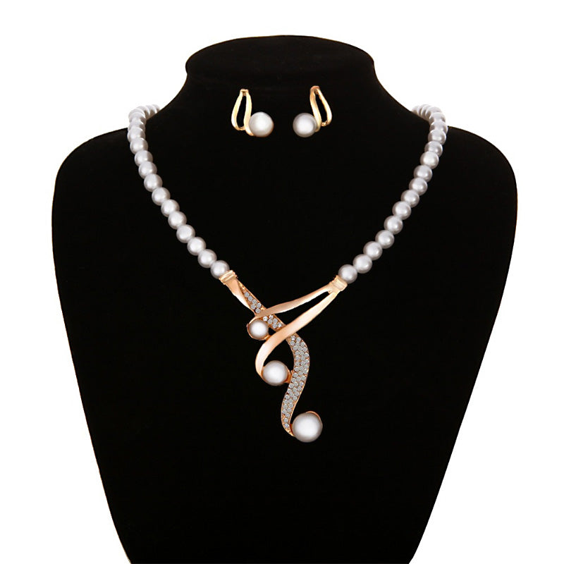 Elegant Hook Shape Faux Pearl & Rhinestone Wedding Jewelry Set