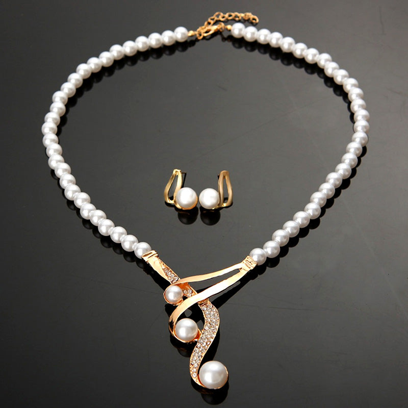Elegant Hook Shape Faux Pearl & Rhinestone Wedding Jewelry Set