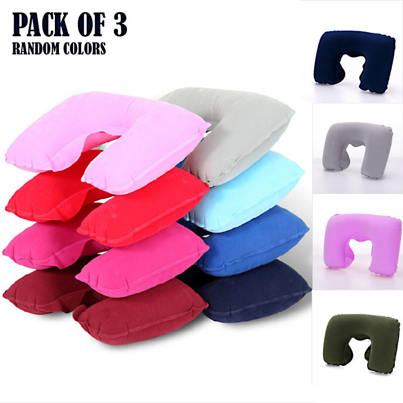 Pack of 3 Inflatable U-Shape Travel Neck Pillows- Soft Flocked Portable Cushions for Airplane, Car, Office & Camping