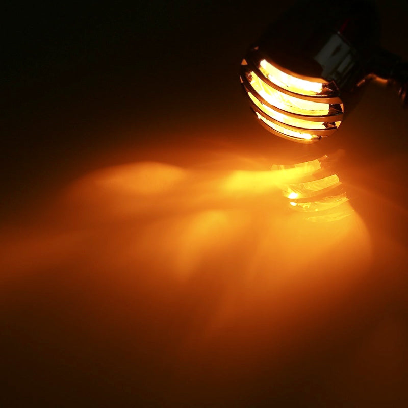 4 Pcs 12V Universal Motorcycle Grill Turn Signal Lights – Amber LED & Chrome Body Indicators