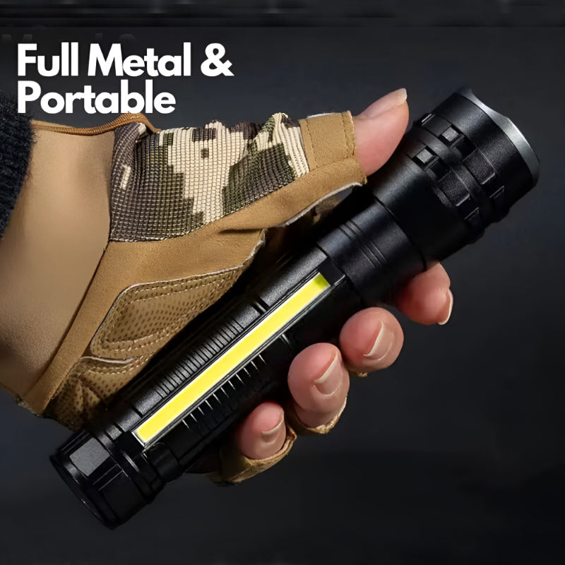P27 LED COB Multi-Functional Tactical Metal Flashlight With Telescopic Zoom And USB Charging