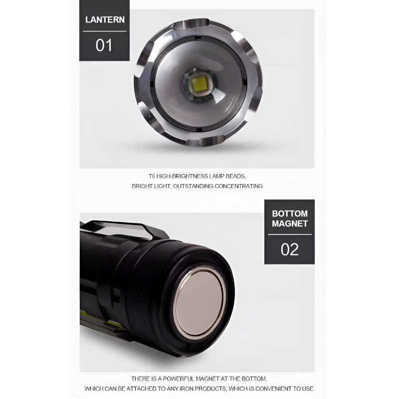 P27 LED COB Multi-Functional Tactical Metal Flashlight With Telescopic Zoom And USB Charging