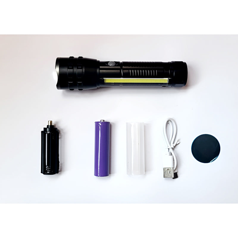 P27 LED COB Multi-Functional Tactical Metal Flashlight With Telescopic Zoom And USB Charging