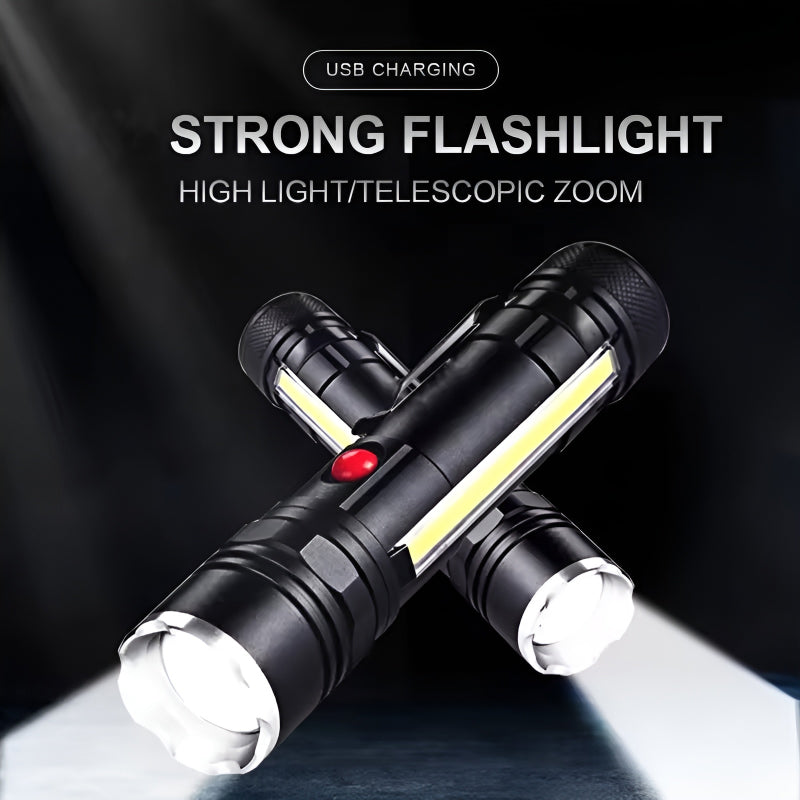 P27 LED COB Multi-Functional Tactical Metal Flashlight With Telescopic Zoom And USB Charging