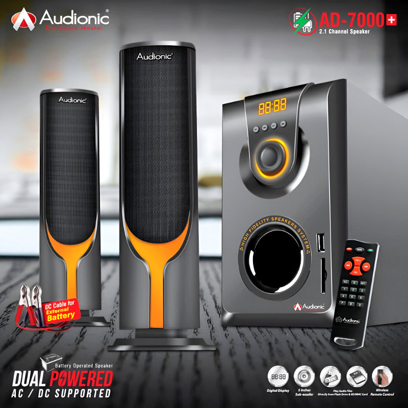 Audionic AD-7000 Plus 2.1 Channel Speakers with 5 Inch Subwoofer, Bluetooth Connectivity, AC/DC Supported