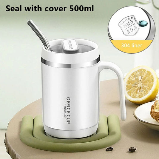 Steel Insulated Mug with Lids Travel Carry Mug With Handle Coffee Milk Juice Mug with Straws and Lids Kitchen Drinkware