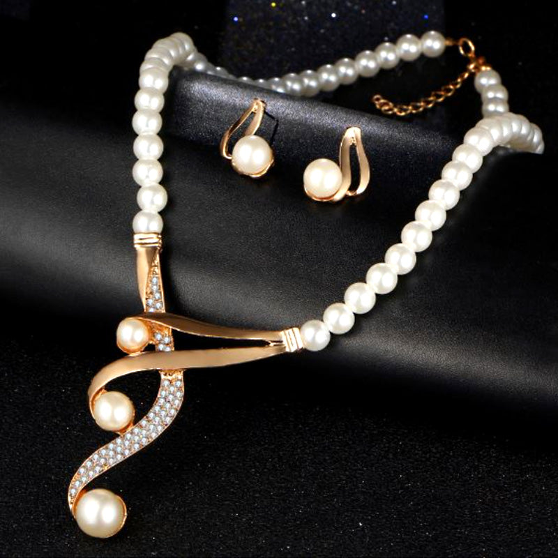 Elegant Hook Shape Faux Pearl & Rhinestone Wedding Jewelry Set