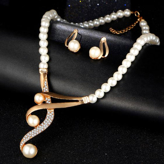 Elegant Hook Shape Faux Pearl & Rhinestone Wedding Jewelry Set