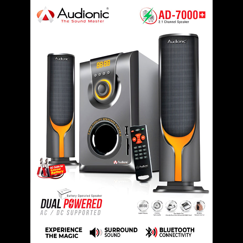 Audionic AD-7000 Plus 2.1 Channel Speakers with 5 Inch Subwoofer, Bluetooth Connectivity, AC/DC Supported