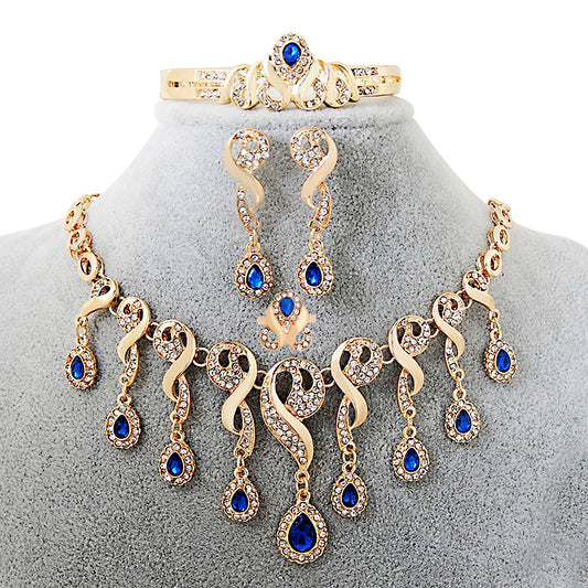 Elegant African Bridal Jewelry Set – Gold-Plated CZ Crystal Necklace, Earrings, Bracelet & Ring